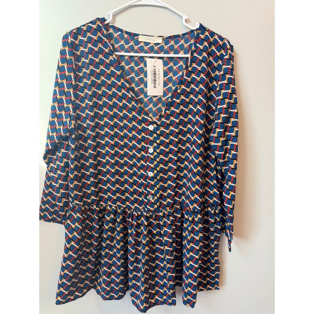 Entro Clothing NWT Geometric Print Peplum V-Neck Blouse Large